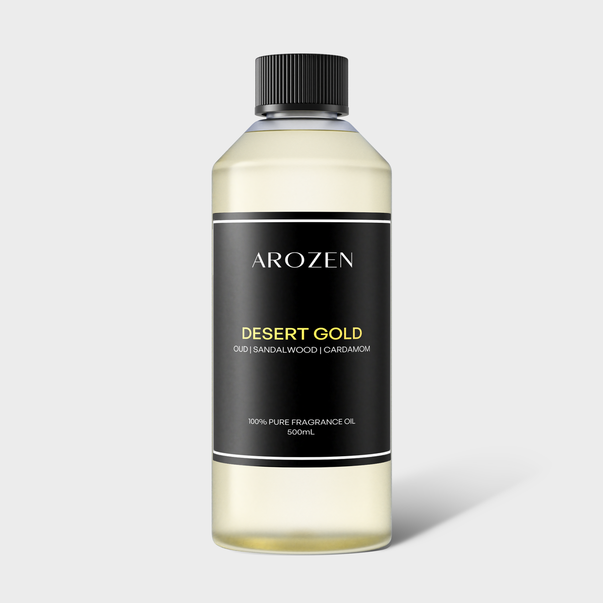 
                  
                    A 500ml clear bottle of DESERT GOLD fragrance oil features rich oud wood, sandalwood, and cardamom notes. Designed for electric diffusers, it has a black cap and a sleek black label with gold and white text.
                  
                