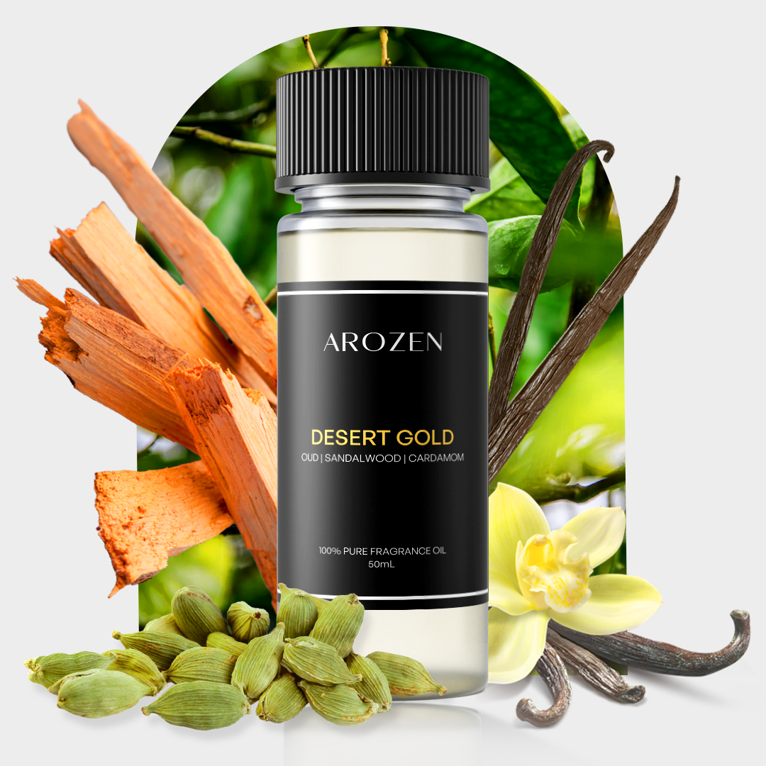 
                  
                    A bottle labeled “DESERT GOLD” sits before sandalwood, cardamom pods, vanilla beans, a vanilla flower, rich oud wood accents, and green foliage in the background.
                  
                