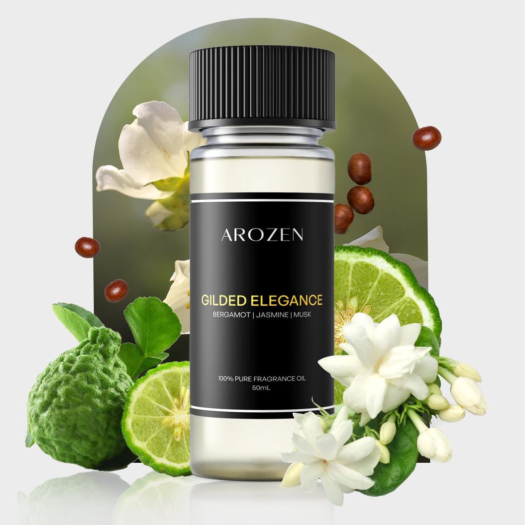 
                  
                    A bottle of Arozen GILDED ELEGANCE is shown surrounded by bergamot, jasmine, and dark seeds on a light background. The label highlights bergamot, jasmine, and musk notes.
                  
                