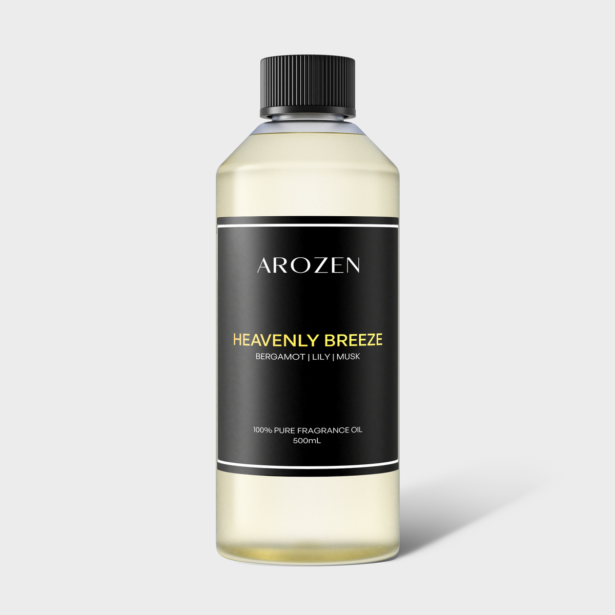 
                  
                    A clear plastic bottle with a black screw cap and label reads Arozen HEAVENLY BREEZE 100% Pure Fragrance Oil 500ml. The bottle contains pale yellow fragrance oil.
                  
                