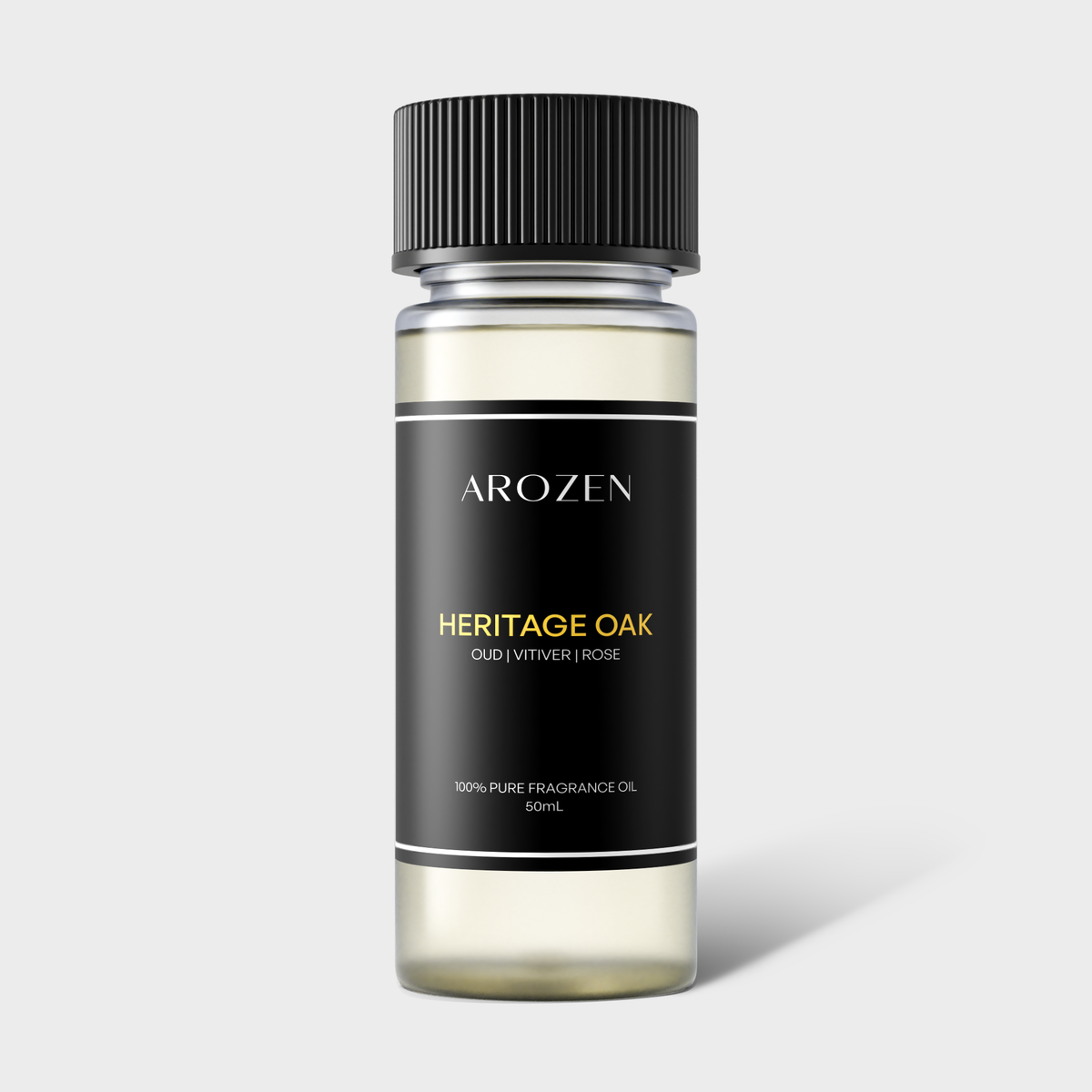 
                  
                    A clear bottle with a black ribbed cap labeled Arozen HERITAGE OAK sits against a light background, featuring OUD, VETIVER, ROSE and 100% PURE Fragrance Oil, 50mL in white and yellow text.
                  
                