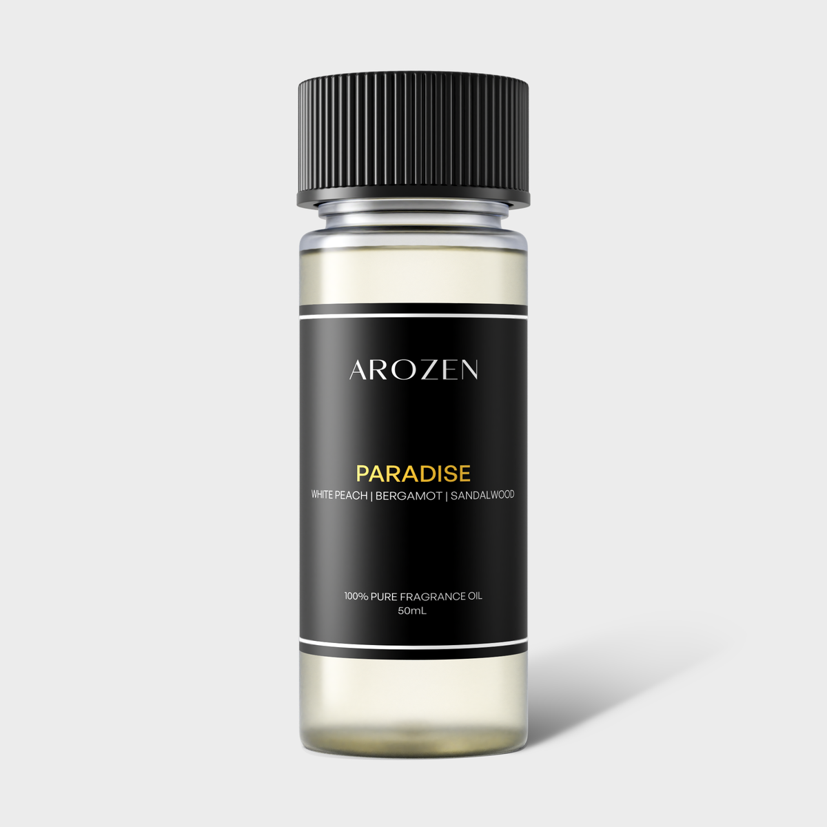 
                  
                    A clear bottle of PARADISE fragrance oil with a black cap and label featuring notes of white peach, bergamot, and sandalwood—a tropical scent for the Paradise Electric Scent Diffuser—set against a light gray background.
                  
                
