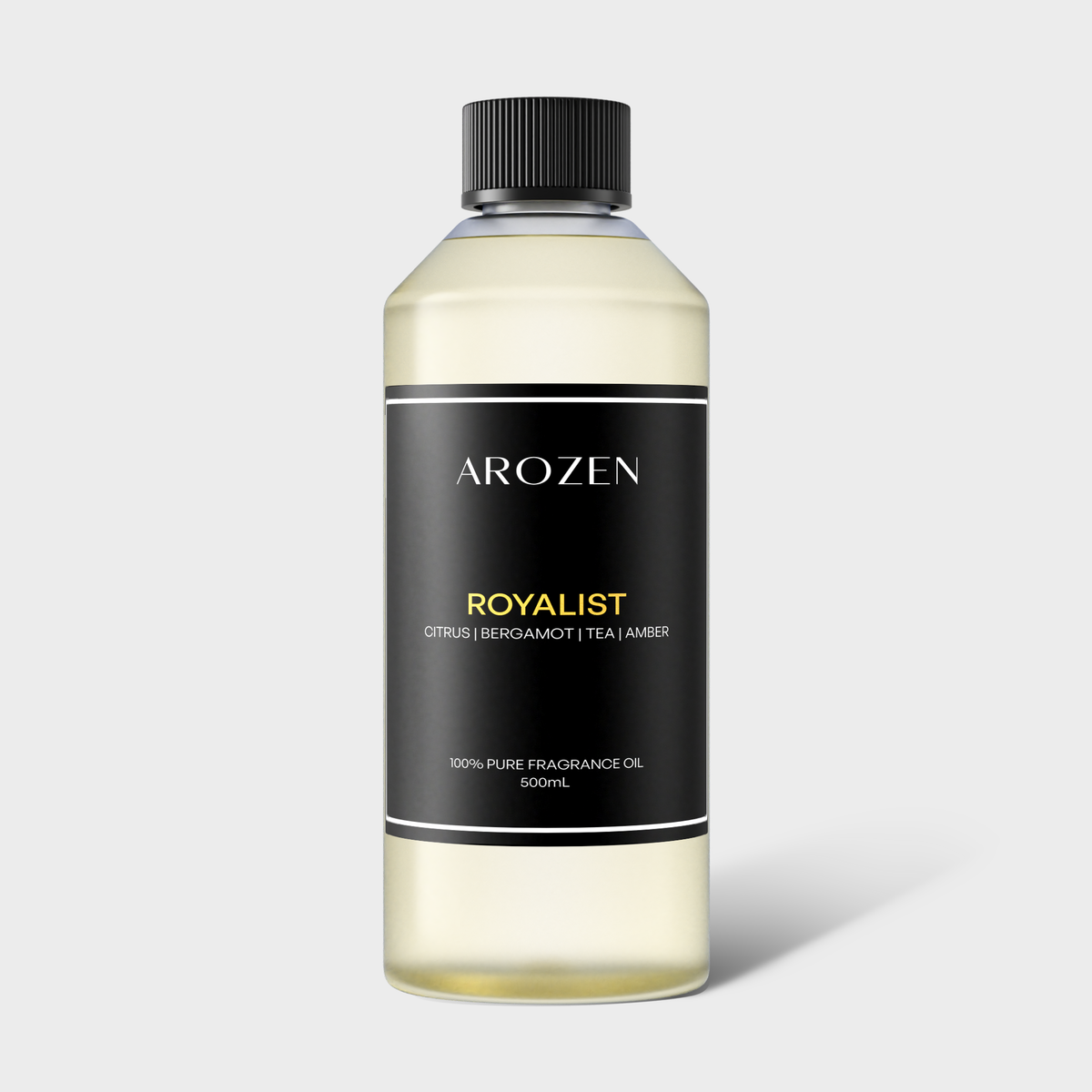 
                  
                    Arozen ROYALIST is a 500ml clear plastic bottle with a black cap and a black label with gold and white text. It contains pure fragrance oil with notes of citrus, bergamot, tea, and amber for a luxurious scent experience.
                  
                