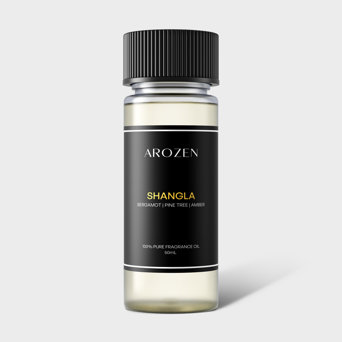 
                  
                    A clear 50ml bottle of SHANGLA fragrance oil features a black label and ribbed cap. Infused with bergamot, pine tree, and amber notes, it brings luxury to any space using 100% pure fragrance oil.
                  
                